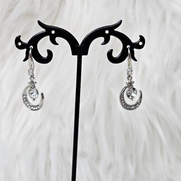 Silver Tone New Star Moon White Sapphire Dangle Earrings - Picture 3 of 7
